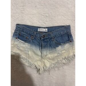 Stella Laguna Beach Denim Shorts Frayed Raw Hem Distressed Dip Dye Blue White